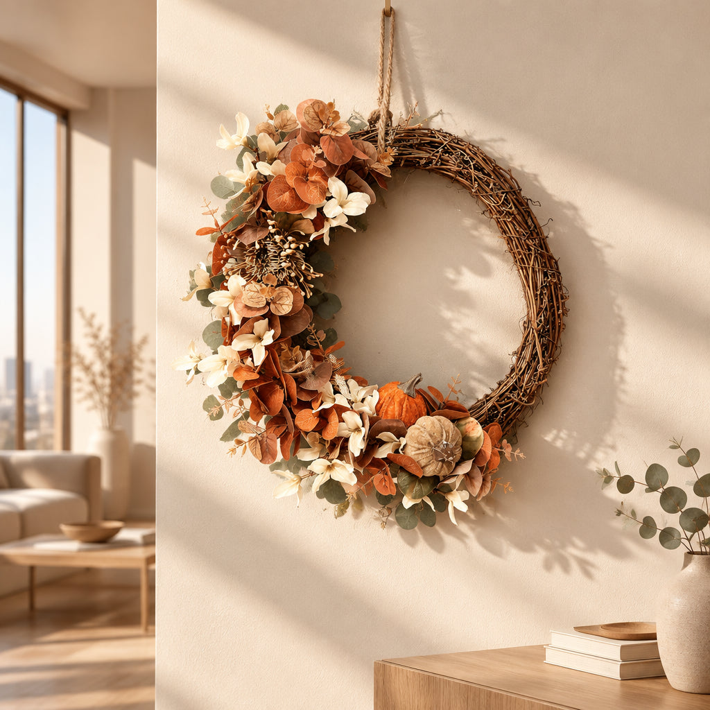 An autumn-themed grapevine wreath decorated with faux orange pumpkins, white and rust-colored flowers, and dried leaves.

Approx 40cm x 40cm